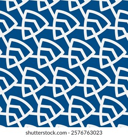 Contemporary geometric design featuring white linear shapes forming interlocking patterns on deep blue background. Perfect for textiles, wallpaper, and digital backgrounds its modern, clean aesthetic.