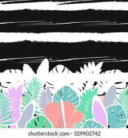 Contemporary geometric fashion border print with palm leaves and stripes in vector .Abstract Tropical leaves card