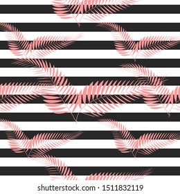 Contemporary geometric fashion print with palm leaves and stripes. Abstract wallpaper pattern