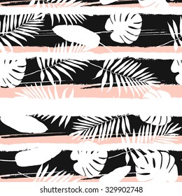 Contemporary geometric fashion print with palm leaves and stripes in vector .Abstract wallpaper pattern .Tropical leaves border.