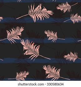 Contemporary geometric fashion print with palm leaves and stripes in vector .Abstract wallpaper pattern .Modern Jungle  floral ornament on black background .
