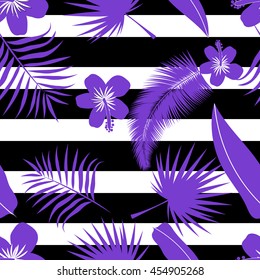 Contemporary geometric fashion print with palm leaves,flowers and stripes in vector .Abstract wallpaper pattern
