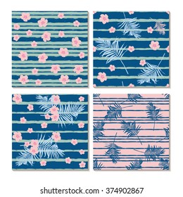 Contemporary geometric fashion prints set with palm leaves and stripes hand drawn brushstroke horizontal stripes . Seamless  Geometric fashion wallpapers for design 