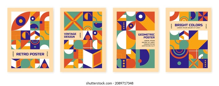 Contemporary geometric funky design. Unusual banners collection, unique abstract blocks graphic. Retro basic tiles, bright brutalism swanky vector templates