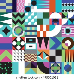 Contemporary geometric mosaic seamless pattern with a vibrant color scheme, repeat background with rich and modern shapes, surface pattern design for web and print