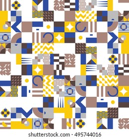 Contemporary geometric mosaic seamless pattern with a vibrant color scheme, repeat background with rich and modern shapes, surface pattern design for web and print