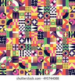 Contemporary geometric mosaic seamless pattern with a vibrant color scheme, repeat background with rich and modern shapes, surface pattern design for web and print