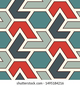 Contemporary geometric pattern. Puzzle ornament. Repeated interlocking figures. Modern mosaic background. Seamless surface abstract design. Geo wallpaper. Digital paper, textile print. Vector art