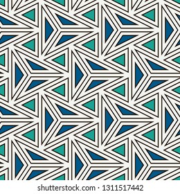 Contemporary geometric pattern. Repeated triangles, lines. Art deco style ornament. Modern geo abstract background. Linear seamless surface design. Grid digital paper, textile print. Vector wallpaper