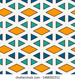 Contemporary geometric pattern. Repeated triangles ornament. Modern geo abstract background. Seamless surface design. Mosaic wallpaper. Digital paper, textile print. Vector illustration