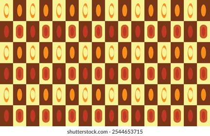 Padrões geométricos contemporâneos em marrom, creme e laranja com contrastes rítmicos e agudos, criam um efeito visual forte e atraente