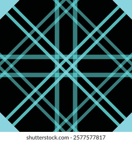 A contemporary geometric plaid pattern featuring intersecting transparent teal lines over a enclosed by a bold cyan frame. This abstract design resembles a stylish textile fabric pattern with a modern