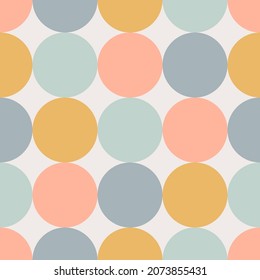 Contemporary geometric seamless mid-century pattern with circles in pastel retro palette on a light background. Abstract vector background in scandinavian style. Trendy graphic bauhaus design. 