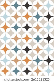 Contemporary geometric seamless mid-century pattern with simple retro shapes, stars and circles. Abstract vector background of natural tones on a white background.