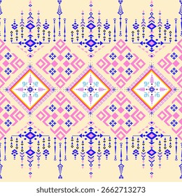 Contemporary geometric seamless pattern featuring vibrant pink and blue tones with abstract shapes and clean lines. Perfect for textile design, wallpapers, packaging, web backgrounds, and branding.