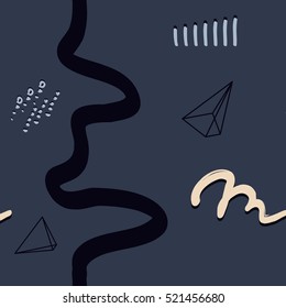 Contemporary geometric vector. Triangle hipster memphis card. Trendy fancy dark pattern for texture and postcard. Template in navy blue color on background

