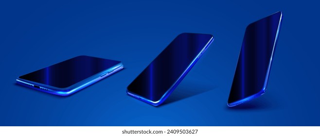 Contemporary glass smartphone suspended above a table, featuring  sleek dark blue surface, displayed in a perspective view a reflection. Modern Smartphone Evolution with Futuristic Blue Neon Glow