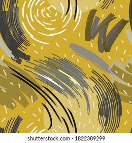 Contemporary grange vector abstract seamless pattern, grey and yellow, mustard and black marker brushes 