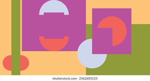 Contemporary graphic design with bold purple, soft blue, orange, light orange and green colors ideal for creative projects or backgrounds