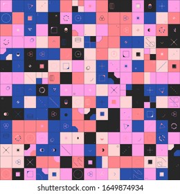 Zeitgenössisches grafisches Design der Vektorillustration Cover Mock-up in modernistischen und minimalistischen brutalismus Stil, violette Palette nützlich für Poster-Kunst, Magazinvorderseite, Web-Banner-Kunstwerke.