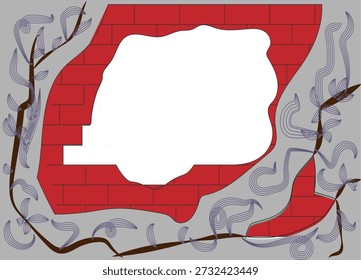 Contemporary graphic design element showcasing a stylized red brick section and wavy purple floral motifs against a neutral grey backdrop. The central blank space allows for easy customization, making it an ideal border for quotes, advertisements, or announcements.