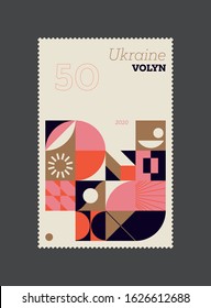 Contemporary graphic design of postage stamp vector mockup design created in post-modern and mid-century style. Made with abstract vector shapes, bold elements and simple geometrical forms.