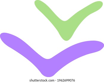 Contemporary graphic elements. Couple of colored checkmarks located one above other. Green and lilac tick. Hand drawn flat clipart. Modern design asset. Vector simple doodle. Isolated geometric shape.
