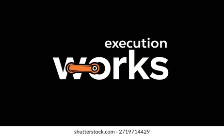 Um gráfico contemporâneo que representa "obras de execução". O design apresenta letras brancas arrojadas para "trabalhos" com uma roda dentada laranja distinta