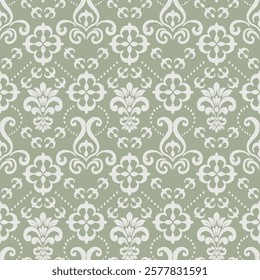 Contemporary green classic ikat pattern. Vector abstract ikat damask motif seamless pattern. Classic ikat damask pattern use for fabric, textile, home decoration elements, upholstery, wrapping, etc.