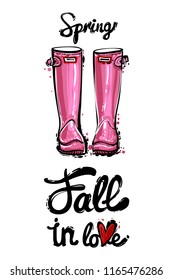 Contemporary greeting card with fall in love lettering and pink spring hunter boots. Sketch for decoration seasonal celebration, greeting card or banner. Hand drawn symbols on white backdrop.