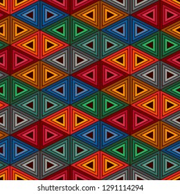 Contemporary grid pattern. Triangles motif. Repeated geometrical figures, lines ornament. Modern abstract background. Seamless surface design. Ethnic style wallpaper. Digital paper, textile print.