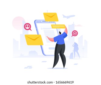 Contemporary guy in casual clothes checking important inbox emails while using application on modern smartphone and standing on city street. Flat cartoon people vector illustration