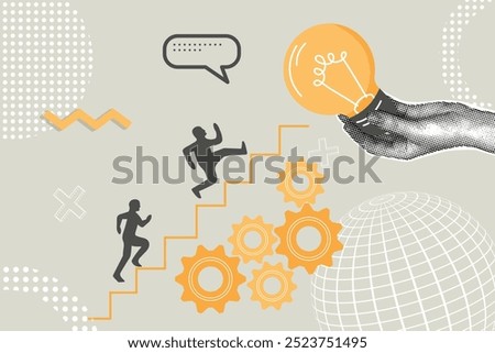 Contemporary halftone collage. Concept of achieving success, improvement, planning, progress,concept of efficiency, productivity. Business creative illustration for web banner, marketing material