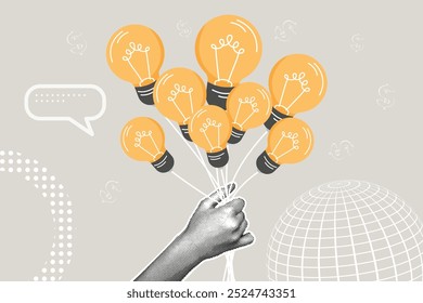 Contemporary halftone collage. Concept of business idea, invention and creativity, finding a solution. Light bulb in the form of balloons. Hands holding ideas, putting together in a bundle. Vector