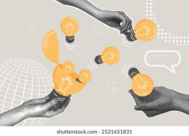 Contemporary halftone collage. Concept idea generation, invention and cognition, ready solution. Open light bulb with new ideas. Hands collecting ideas. Vector illustration