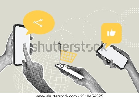 Contemporary halftone collage. Concept of mobile applications, services, online sales. Business creative illustration for web banner, marketing material, business presentation