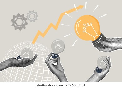 Contemporary halftone collage. Concept of standing out, being a leader, standing out from others, brilliant idea. Hand with bright large light bulb idea standing out from others. Modern business