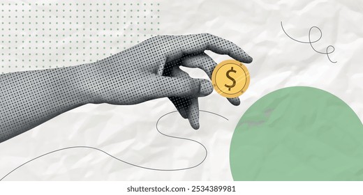 Contemporary Halftone Collage Hand for investments concept, marketing, trading. Online Stock banner with finance elements, coins, money. Vertical invest or business poster. Vector illustration.