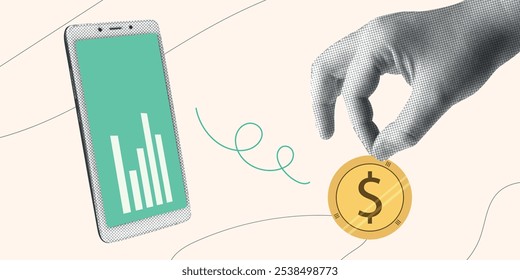 Contemporary Halftone Collage Hand for investments concept, marketing, trading. Online Stock banner with finance elements, coins, money. Vertical invest or business poster. Vector illustration.