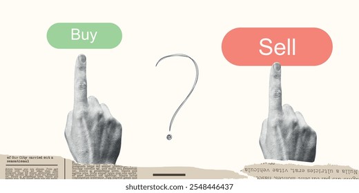 Contemporary Halftone Collage Hand for investments concept, marketing, trading. Online Stock banner for finance elements, coins, money. Vertical invest or business poster. Vector illustration.
