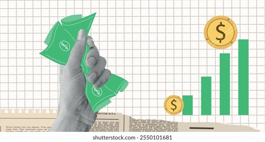 Contemporary Halftone Collage Hand for investments concept, marketing, trading. Online Stock banner with finance elements, coins, money. Vertical invest or business poster. Vector illustration.