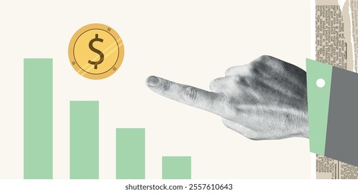 Contemporary Halftone Collage Hand for investments concept, marketing, trading. Online Stock banner with finance elements, coins, money. Vertical invest or business poster. Vector illustration.