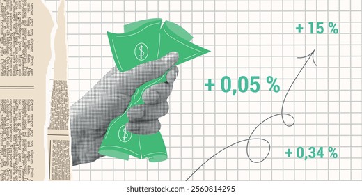 Contemporary Halftone Collage Hand for investments concept, marketing, trading. Online Stock banner with finance elements, coins, money. Vertical invest or business poster. Vector illustration.