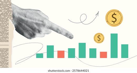 Contemporary Halftone Collage Hand for investments concept, marketing, trading. Online Stock banner with finance elements, coins, money. Vertical invest or business poster. Vector illustration.