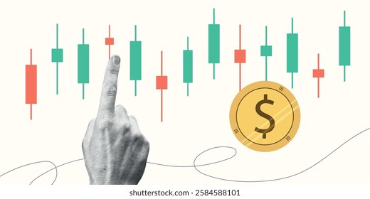 Contemporary Halftone Collage Hand for investments concept, marketing, trading. Online Stock banner with finance elements, coins, money. Vertical invest or business poster. Vector illustration.