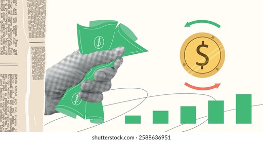 Contemporary Halftone Collage Hand for investments concept, marketing, trading. Online Stock banner with finance elements, coins, money. Vertical invest or business poster. Vector illustration.