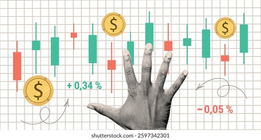 Contemporary Halftone Collage Hand for investments concept, marketing, trading. Online Stock banner with finance elements, coins, money. Vertical invest or business poster. Vector illustration.