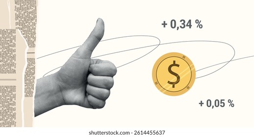 Contemporary Halftone Collage Hand for investments concept, marketing, trading. Online Stock banner with finance elements, coins, money. Horizontal invest or business poster. Vector illustration.