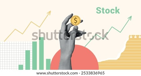 Contemporary Halftone Collage Hand for investments concept, marketing, trading. Online Stock banner with finance elements, coins, money. Vertical invest or business poster. Vector illustration.