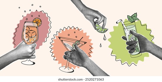 Contemporary halftone collage. Hands of people with alcoholic cocktails Aperol, Gin Tonic, Martini. Retro style party concept. Bar menu concept. Vector illustration